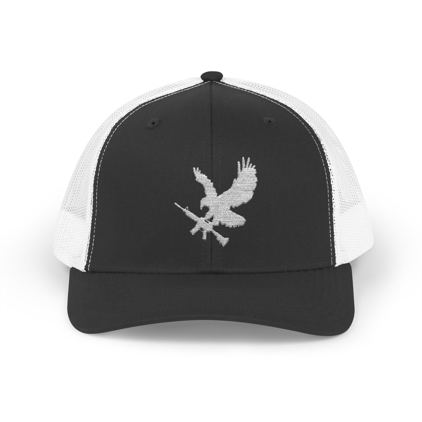 Black and white cap with an emblem of an eagle holding a rifle on a white background