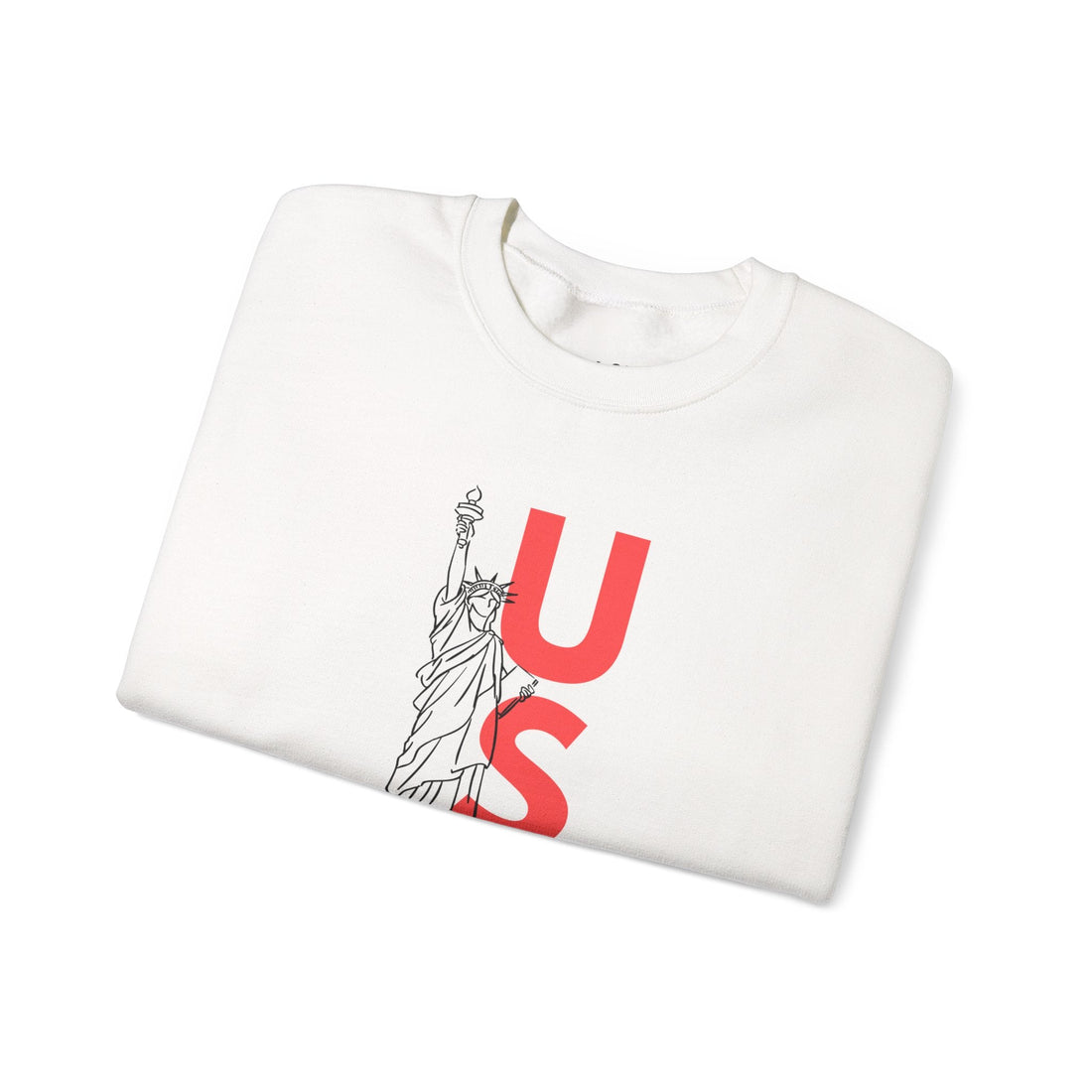 USA graphic sweatshirt, red text, black outline of Statue of Liberty