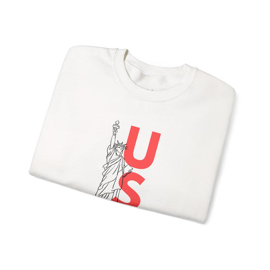 USA graphic sweatshirt, red text, black outline of Statue of Liberty