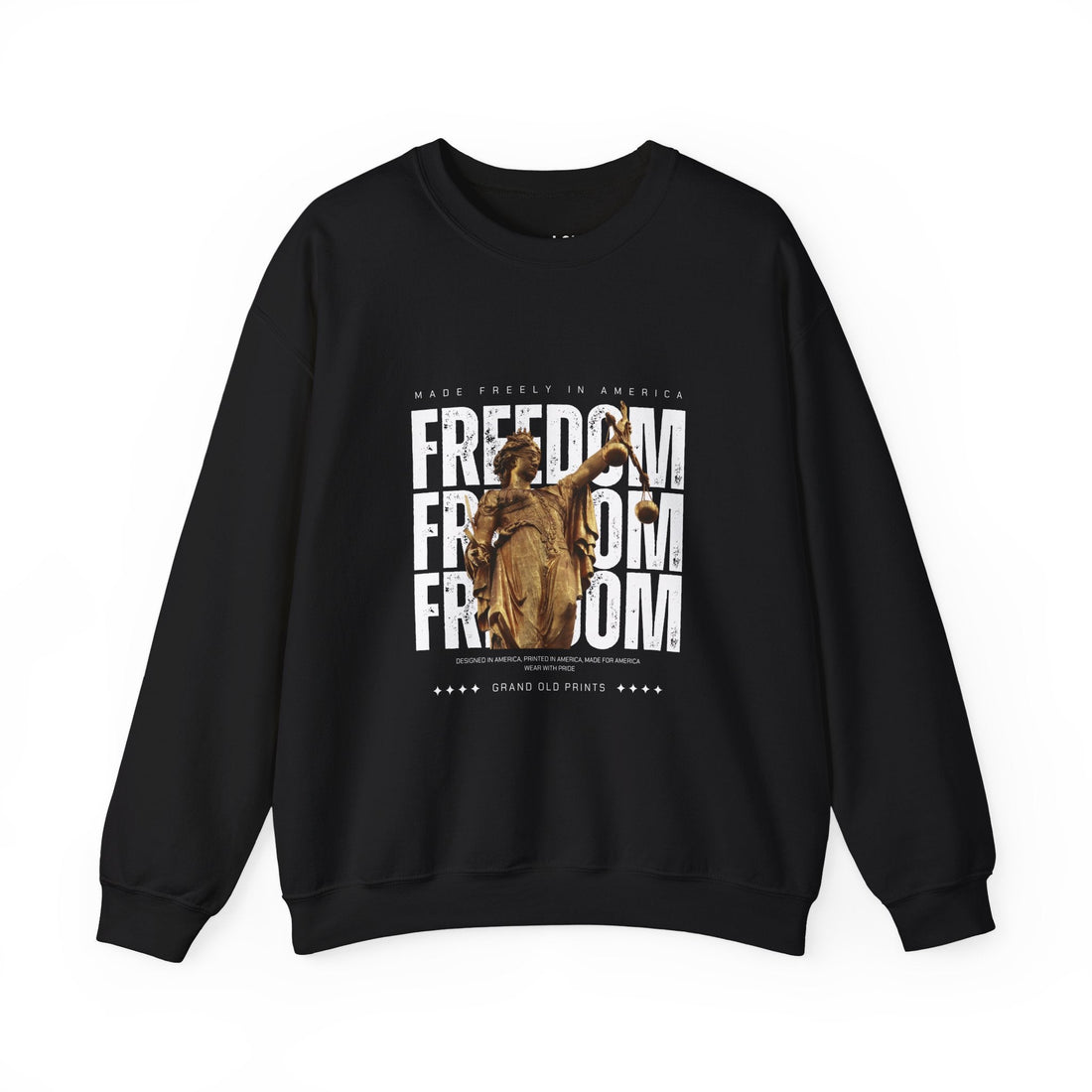 Freedom black sweatshirt; bold 'Freedom' text with bronze statue