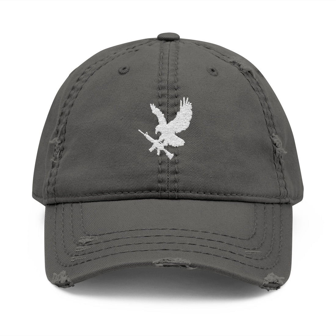 Rifle Eagle Distressed Dad Hat - Distressed Dad Hat with white icon of an Eagle holding a rifle