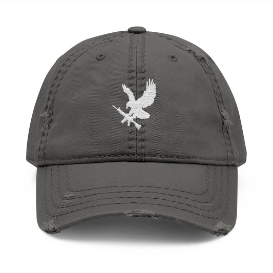 Rifle Eagle Distressed Dad Hat - Distressed Dad Hat with white icon of an Eagle holding a rifle